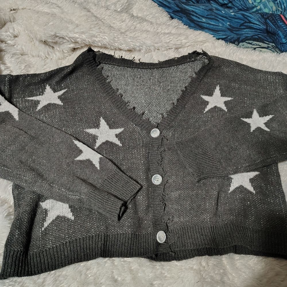 Gray Star Pattern Cropped Oversized Cardigan/Drop Sleeves/ SZ M/ See Info